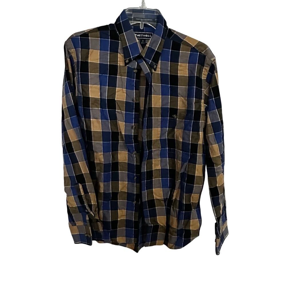 Paul Fredrick Men's Dress Shirt Blue Brown Plaid, Long Sleeve, Button-Up Med